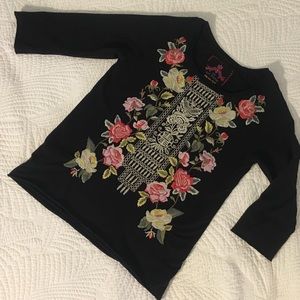 Johnny Was Beautifully Embroidered Black Tee